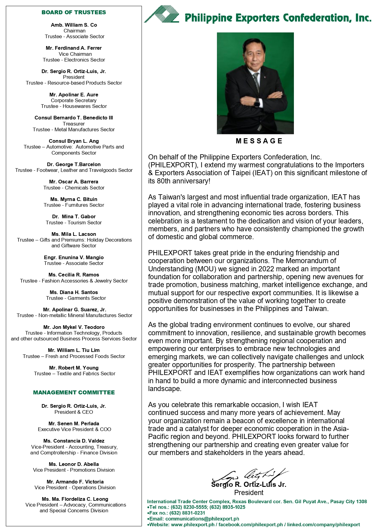 Congratulatory letter from Philippine Exporters Confederation, Inc. (PHILEXPORT)