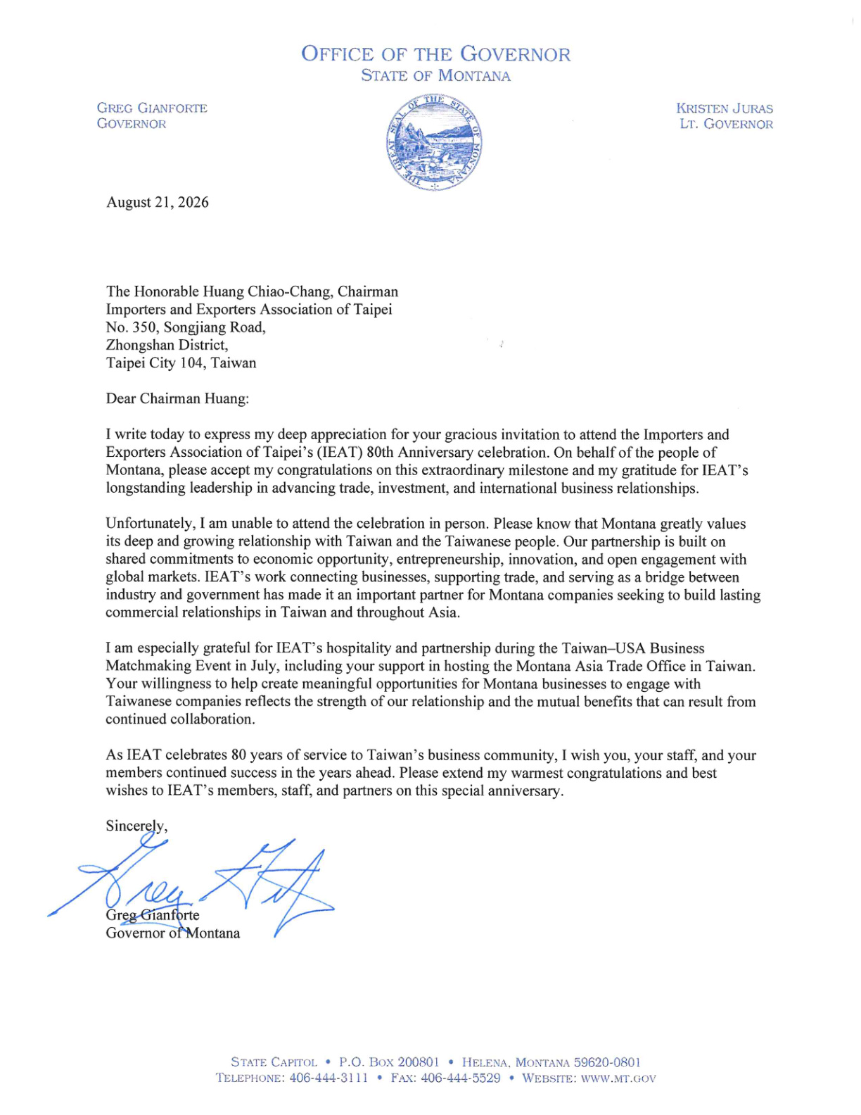 Congratulatory letter from State of Montana