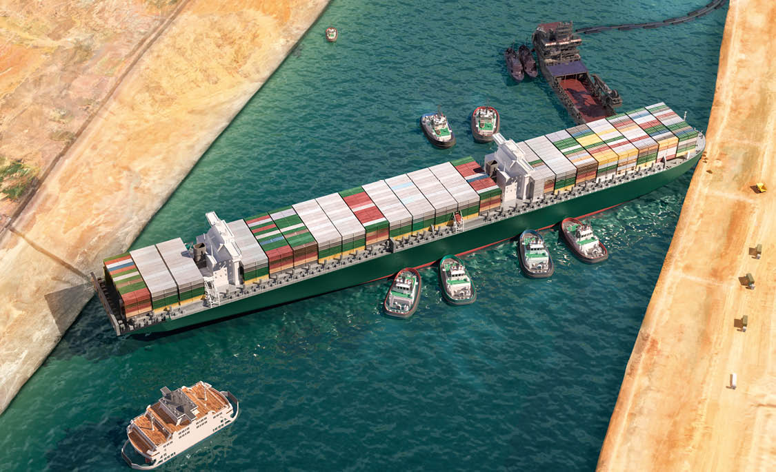 Ever given has been freed in Suez Canal  Effort to refloat vast wedged container cargo ship by tug boats, dredger ship 3D illustration  Giant cargo ship dislodged and refloated in Egyptian Suez canal
