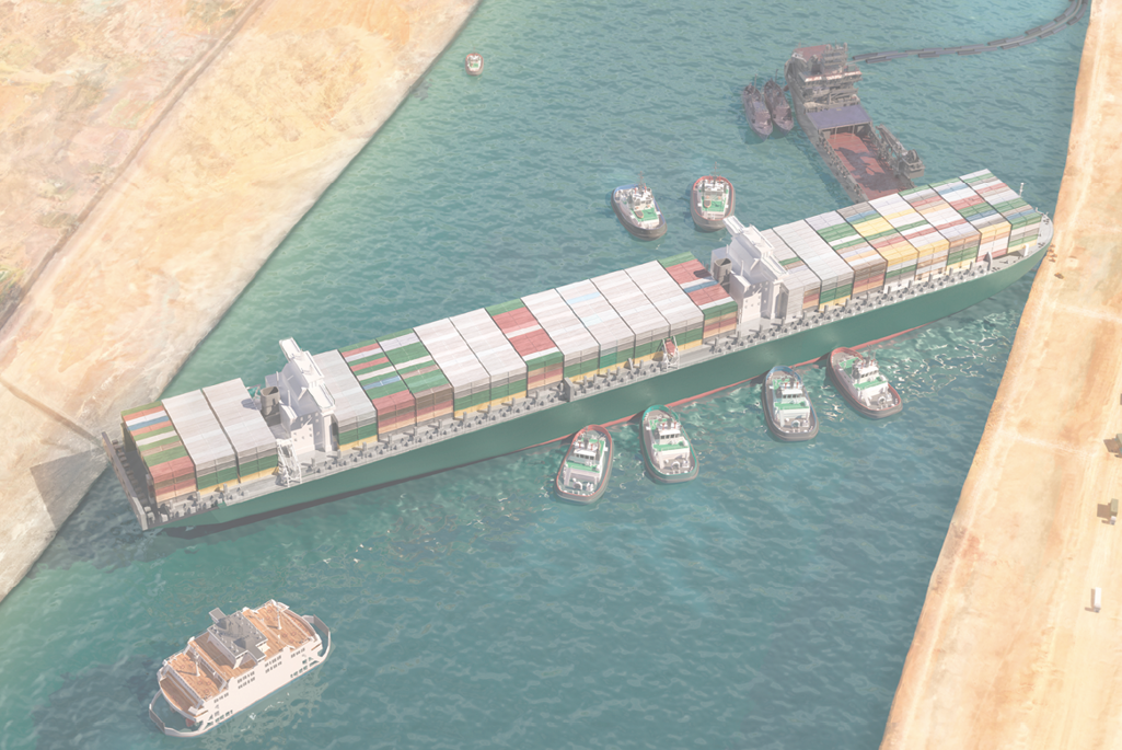 Ever given has been freed in Suez Canal  Effort to refloat vast wedged container cargo ship by tug boats, dredger ship 3D illustration  Giant cargo ship dislodged and refloated in Egyptian Suez canal
