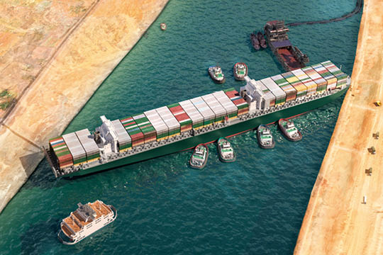 Ever given has been freed in Suez Canal  Effort to refloat vast wedged container cargo ship by tug boats, dredger ship 3D illustration  Giant cargo ship dislodged and refloated in Egyptian Suez canal